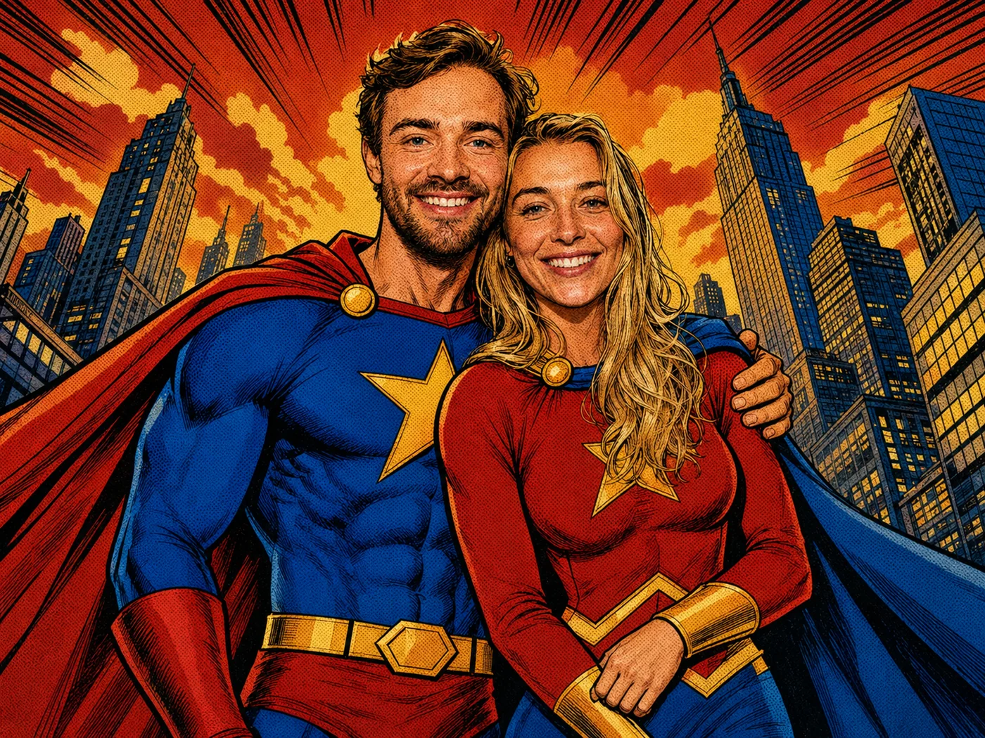 Twee gasten in het thema superheld, gemaakt met de AI photobooth