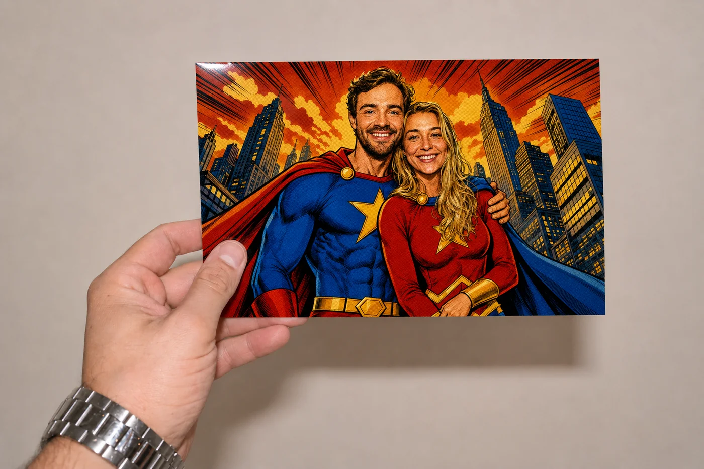 Een gast houdt de uitgeprinte superheldenfoto van de AI photobooth in zijn hand