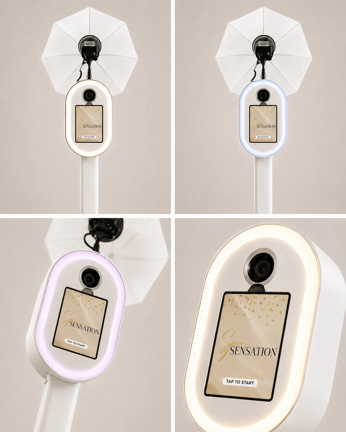 Pro Photobooth in vier verschillende LED-kleuren, warm wit, blauw, paars en goud